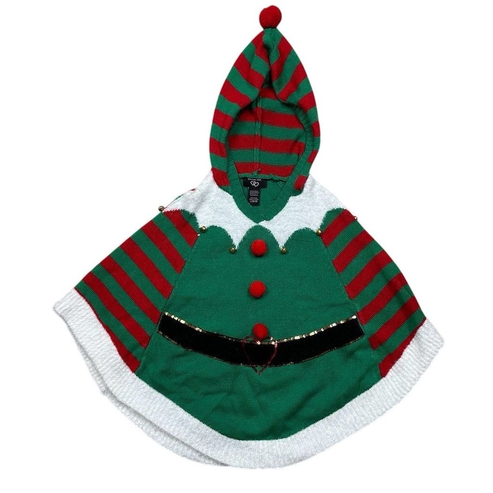 It’s Our Time Girls Hooded Christmas Elf Poncho Sweater L Multicolor